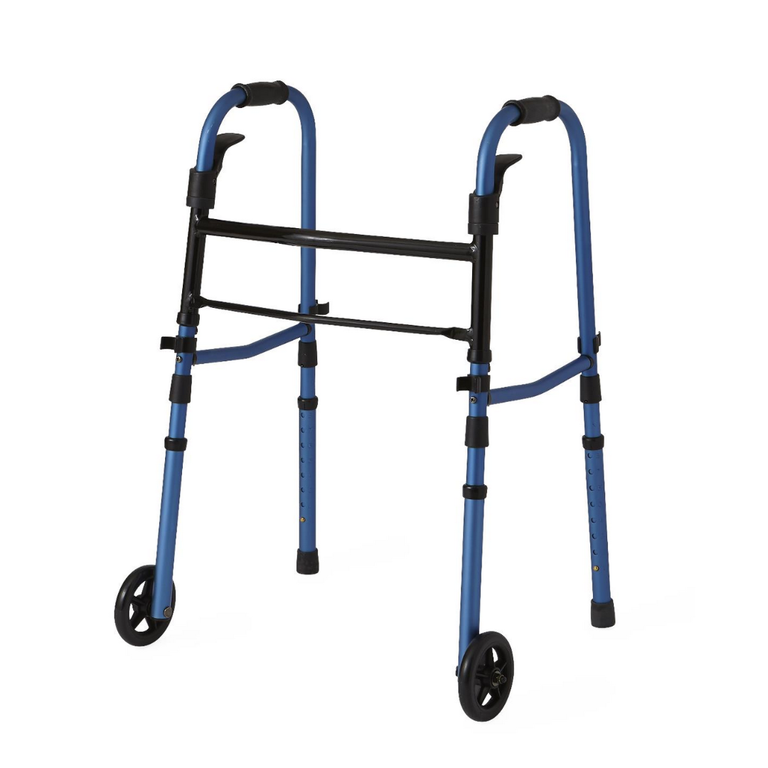 The Medline Folding Paddle Walker in blue has 5 front wheels, rubber handle grips, height-adjustable frame with black support bars and hinges, and ergonomic paddles for easy use.